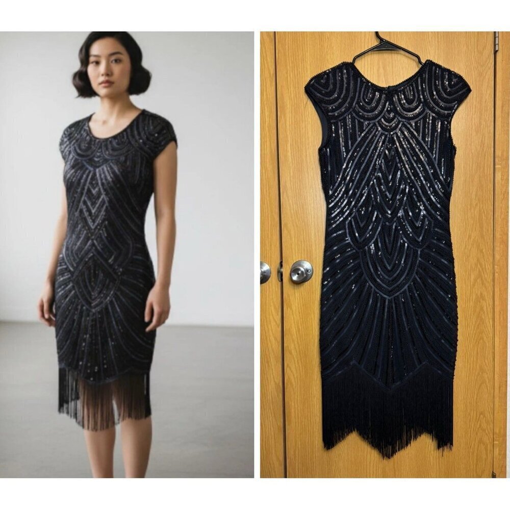 Black Sequin Dress Small Beaded Retro Fringe Flapper Gatsby Holiday Party NYE